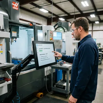 CNC operator using program management software at a machine