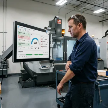 Operator viewing machine health dashboard beside CNC equipment