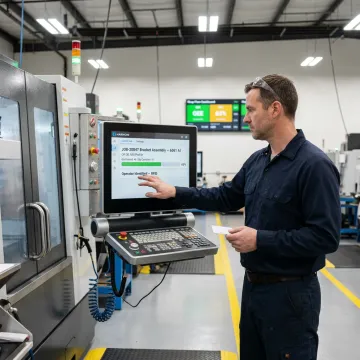 Operator using RFID time tracking at a CNC machine