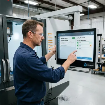 Operator using secure work instructions at CNC machine