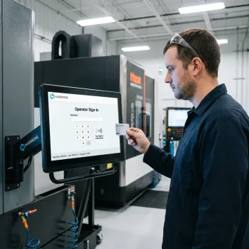 Operator using secure access controls at a CNC machine