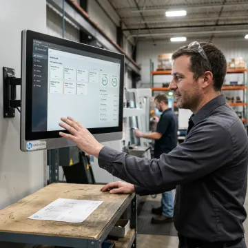 Engineer reviewing connected CNC machine data
