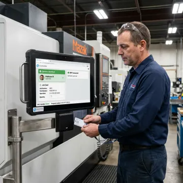 Operator using RFID attendance at CNC machine