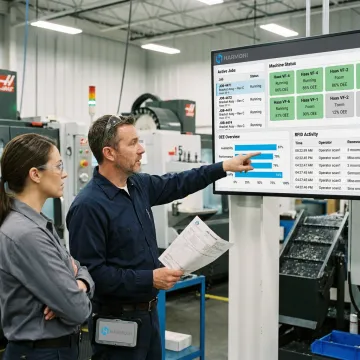 Manufacturing team reviewing real-time asset tracking dashboard