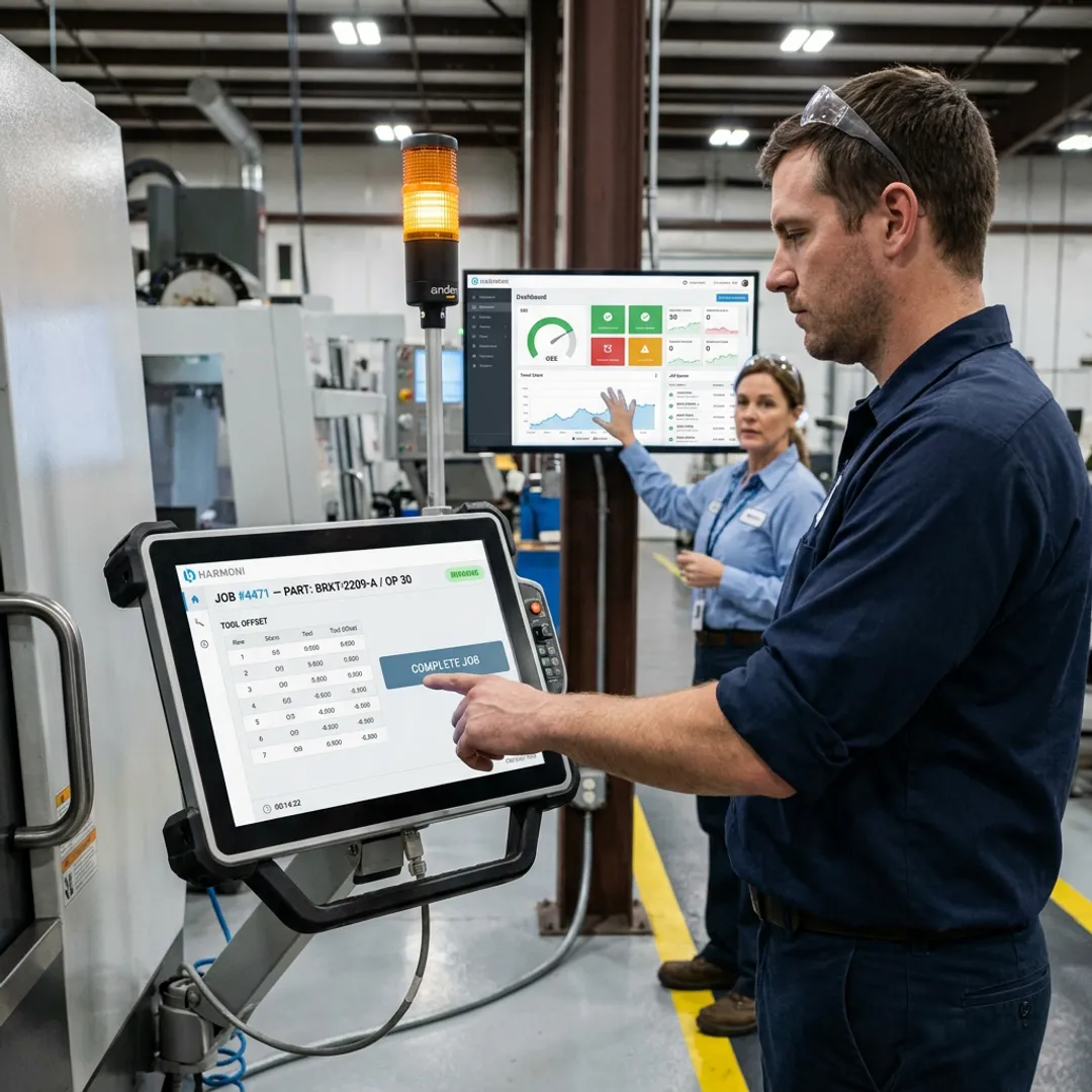 Operator using machine-side Andon communication interface