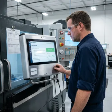 Operator using automated CNC workcenter interface
