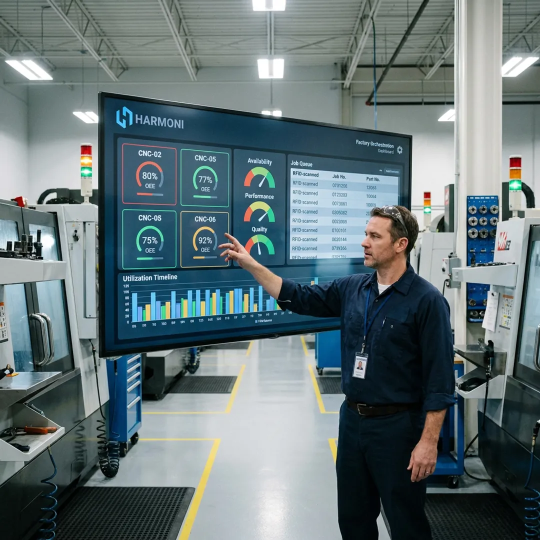 Supervisor viewing live visual factory machine signals