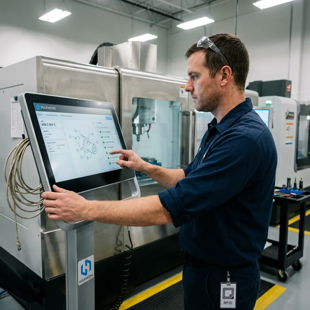 Operator reviewing digital work instructions at a CNC machine