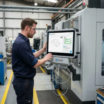 Operator reviewing live production information at a CNC machine