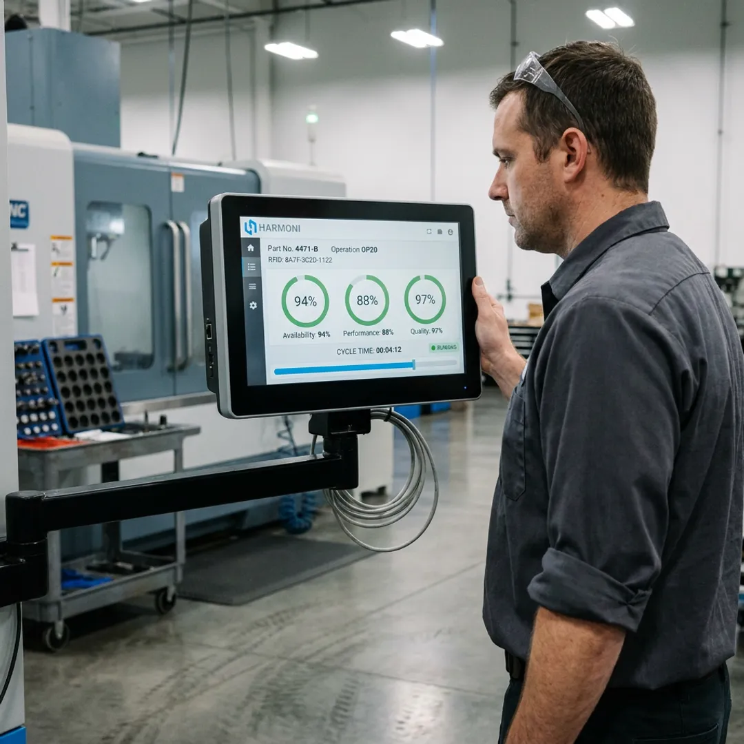 Operator reviewing live machine data at a CNC workcenter