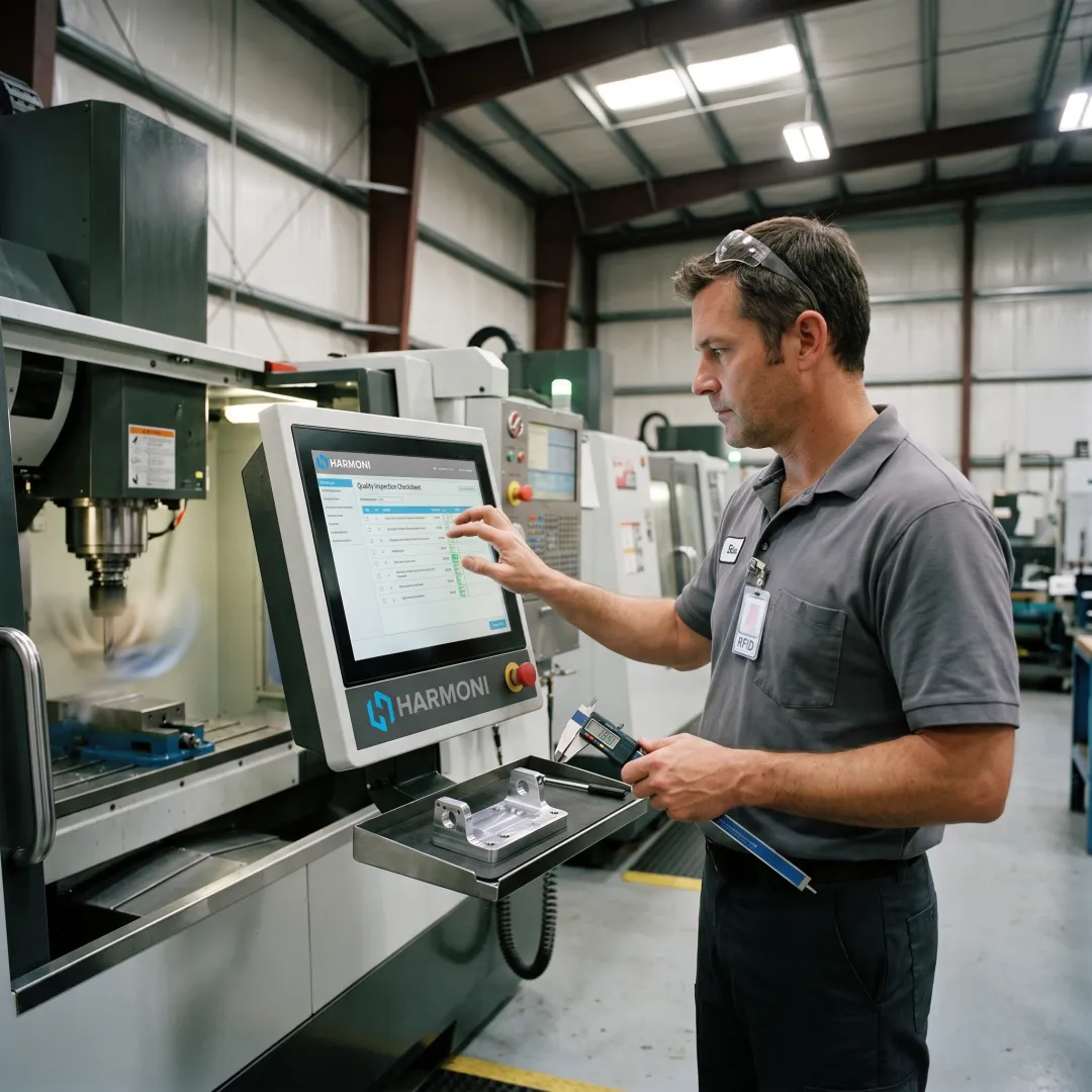 Operator completing a digital inspection checksheet at a CNC machine