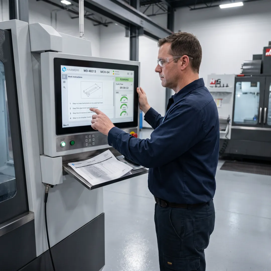 Operator reviewing digital work instructions at a CNC machine