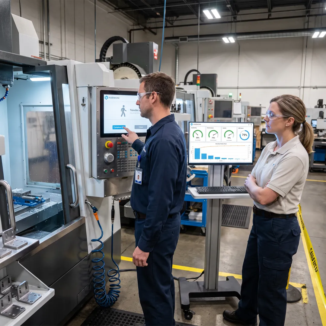 Operator using production monitoring software at CNC machine