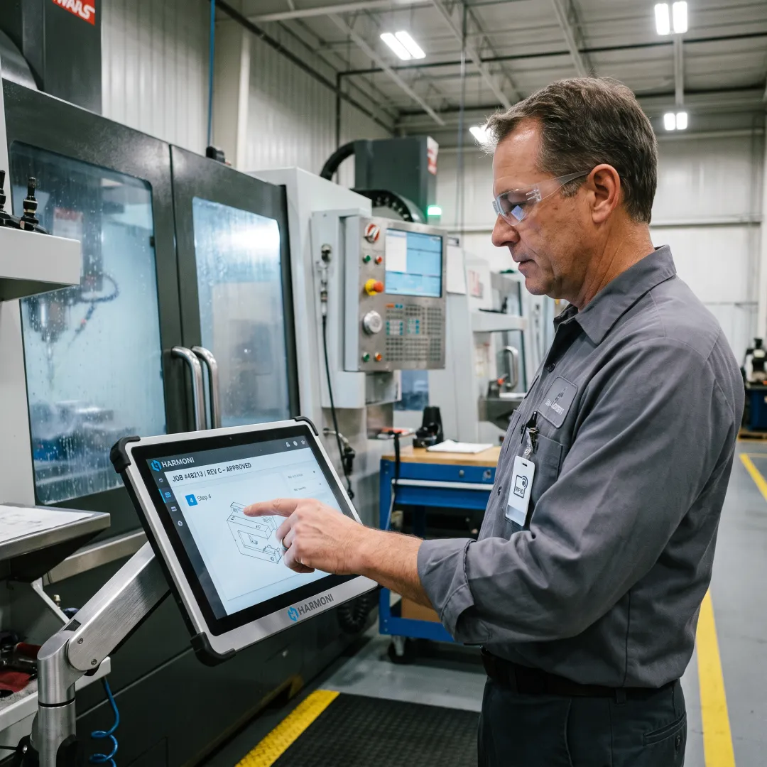 Operator using digital work instructions at a CNC machine
