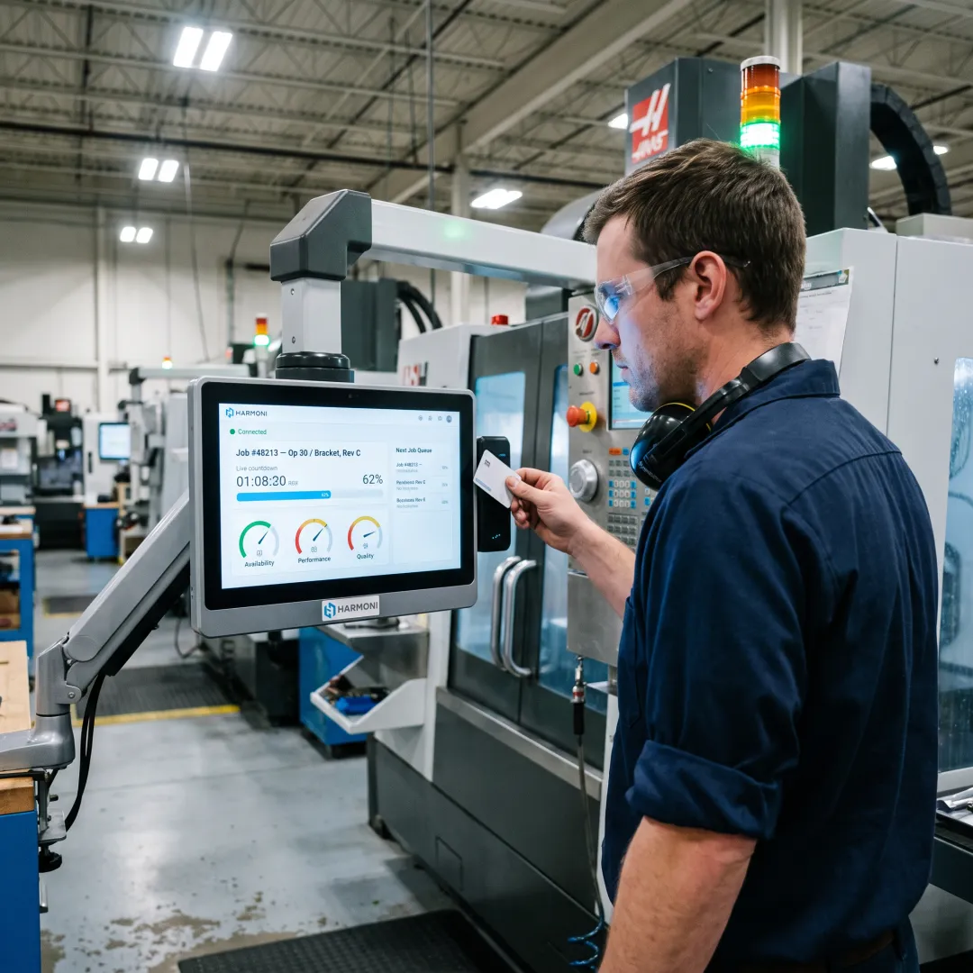 Operator using RFID job routing at a CNC machine