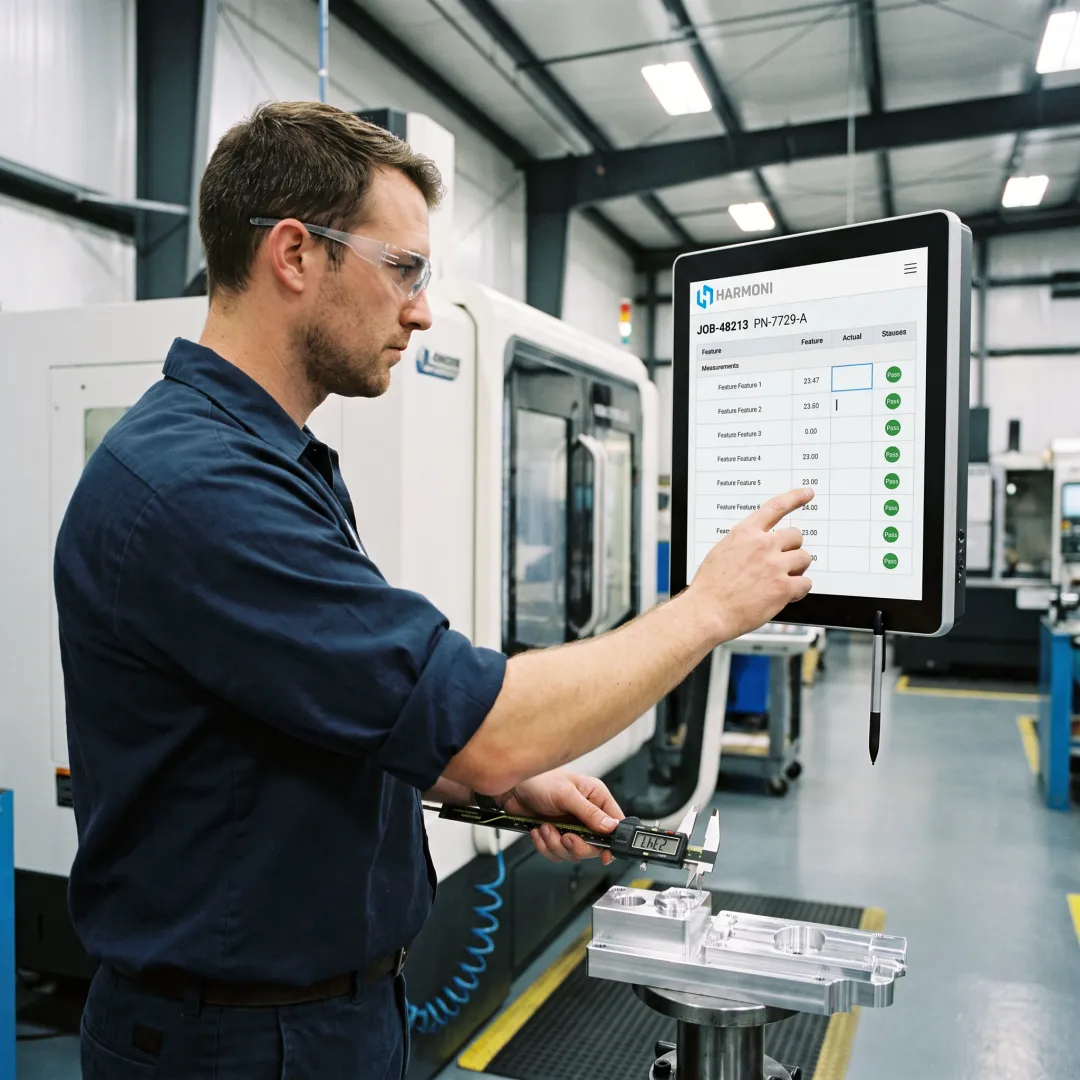 Operator completing a digital quality checksheet at a CNC machine
