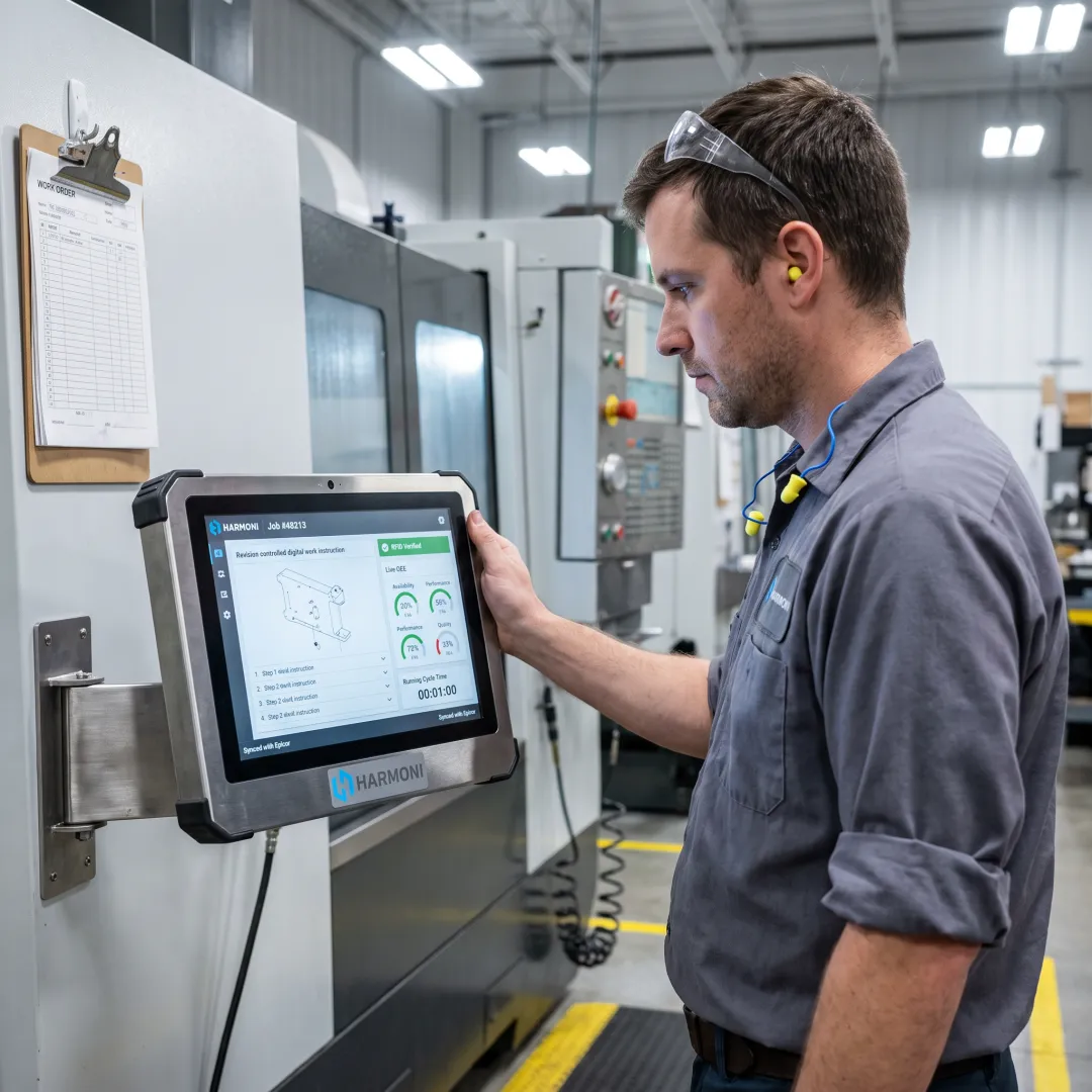 Operator using a digital workcenter connected to ERP