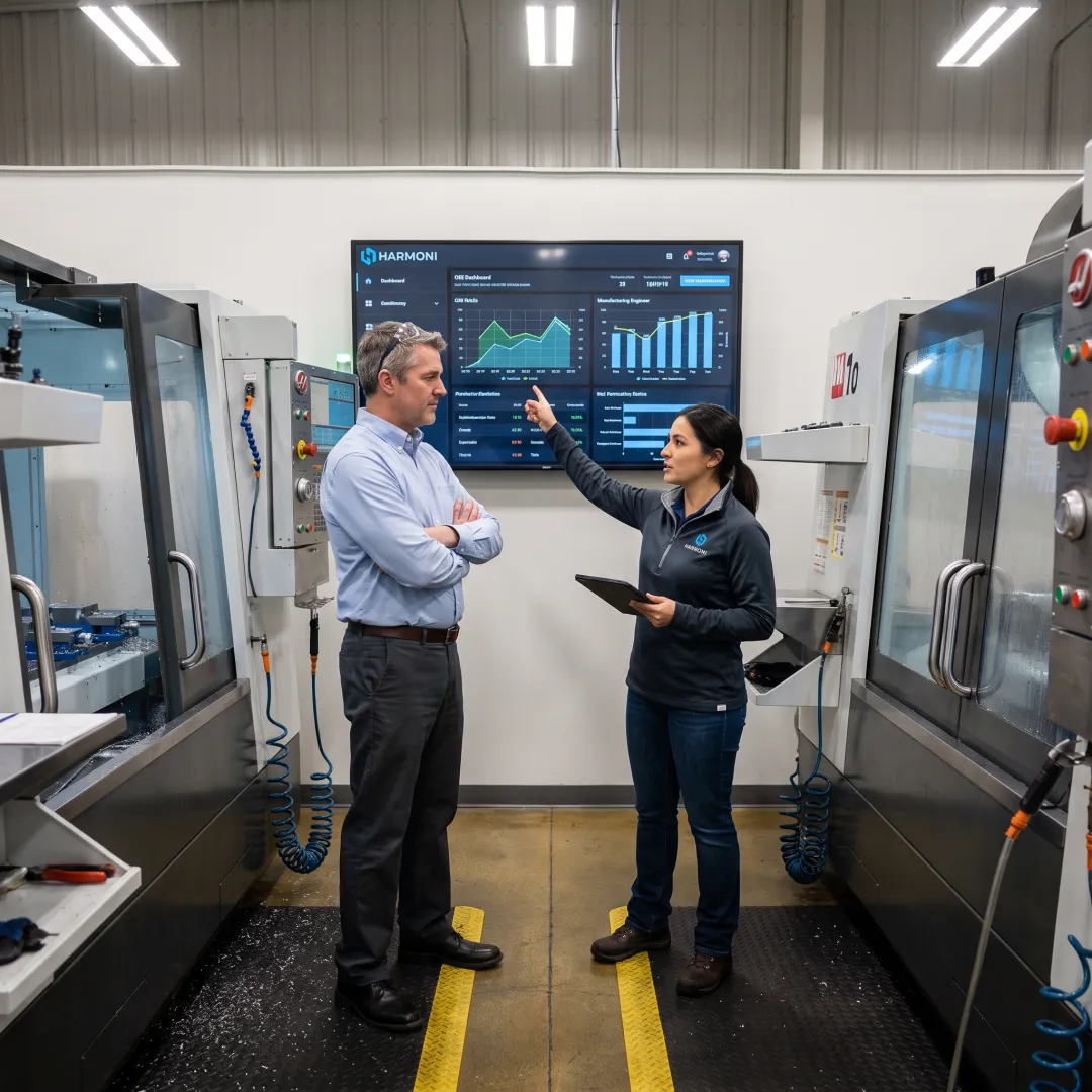 Manufacturing team reviewing real-time OEE data