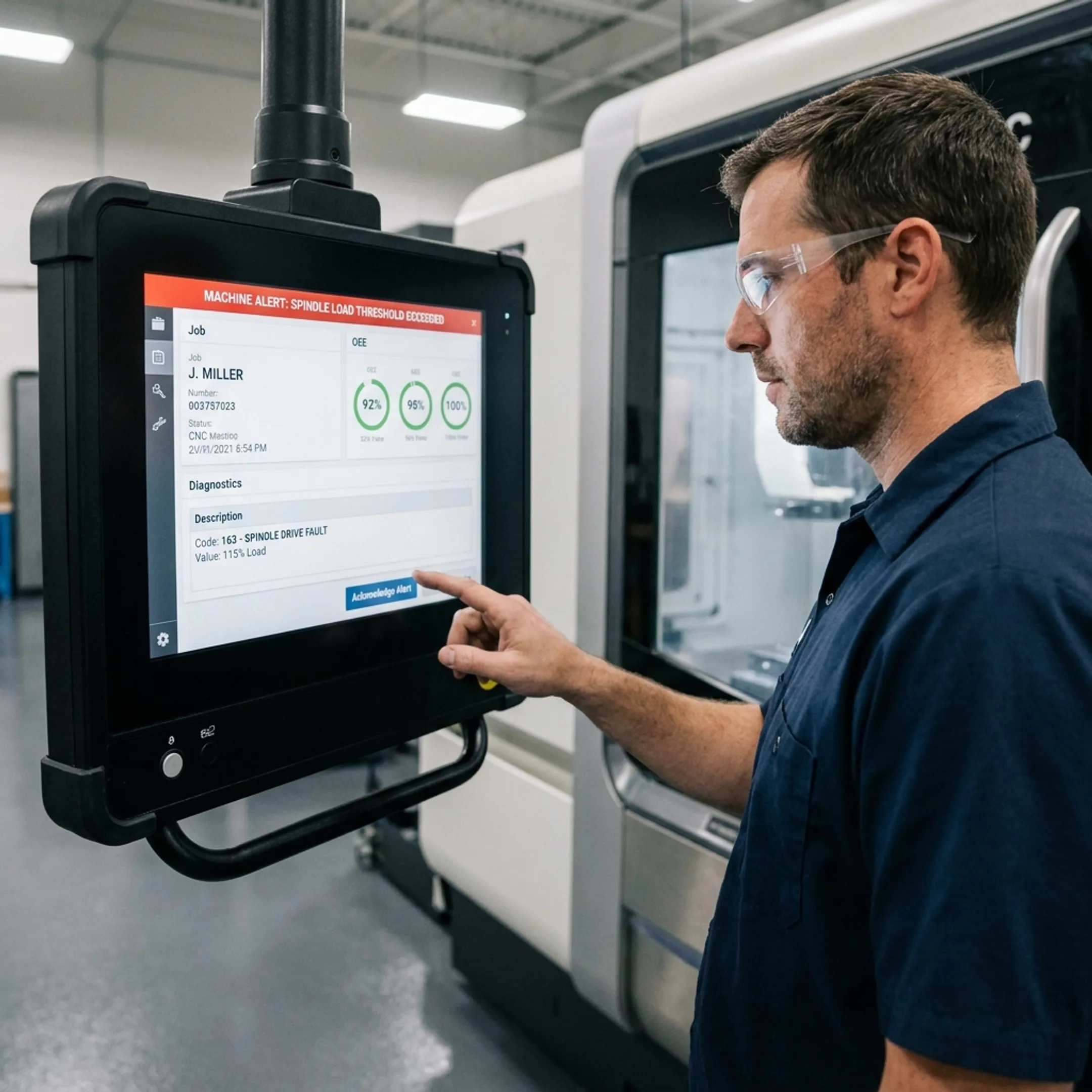 Operator reviewing Andon alert notification on a machine-side terminal
