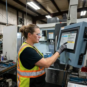 Operator reviewing downtime data at a CNC machine