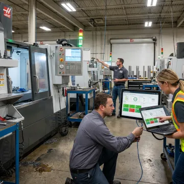 Manufacturing software implementation team connecting shop floor systems