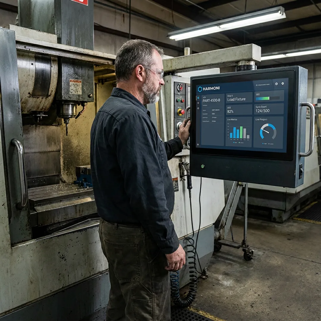 Operator reviewing connected manufacturing platform