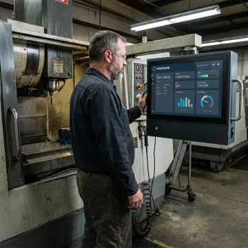 Operator reviewing connected manufacturing platform