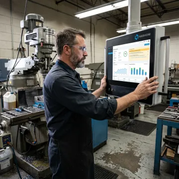Operator viewing live machine alerts at a workcenter