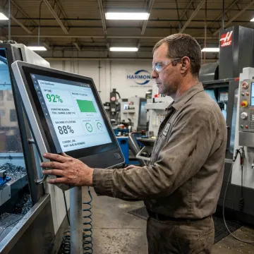 Operator reviewing machine uptime data at a CNC workcenter