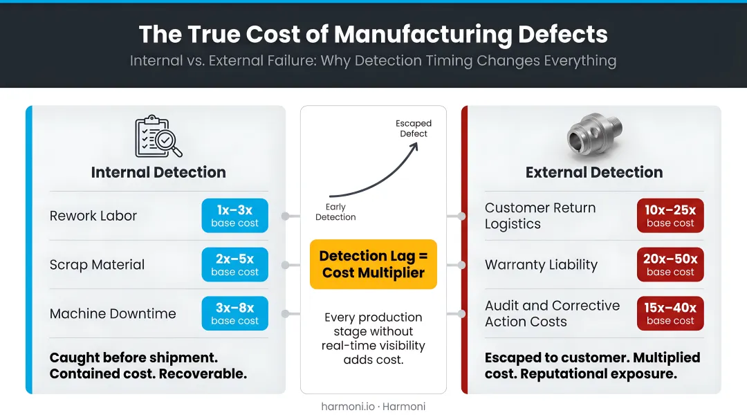 Internal versus external manufacturing defect failure cost comparison with detection lag impact
