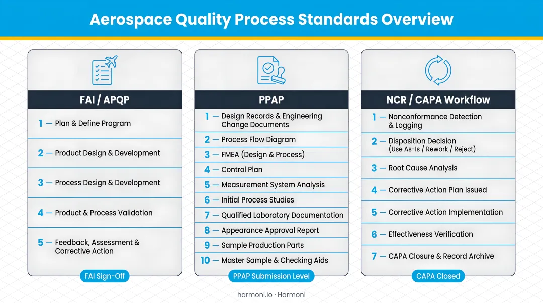 Three aerospace quality process standards FAI APQP PPAP and NCR CAPA workflow overview