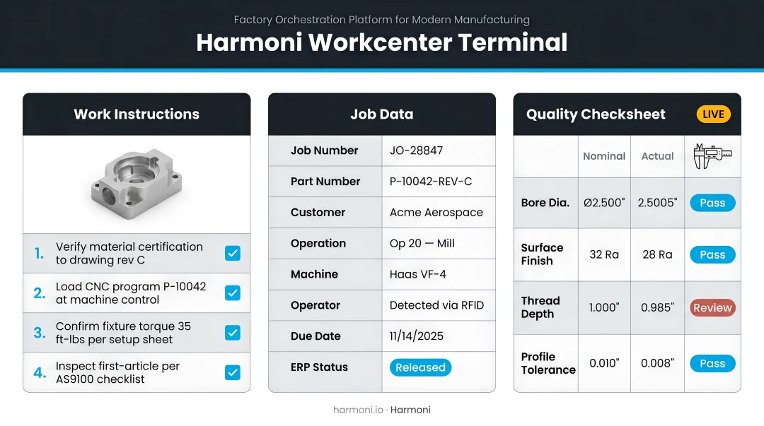 Harmoni workcenter terminal displaying work instructions job data and quality checksheets