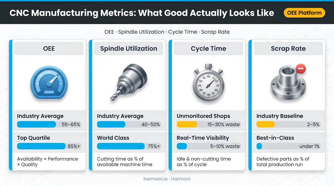 Four key CNC manufacturing metrics OEE spindle utilization cycle time scrap rate comparison