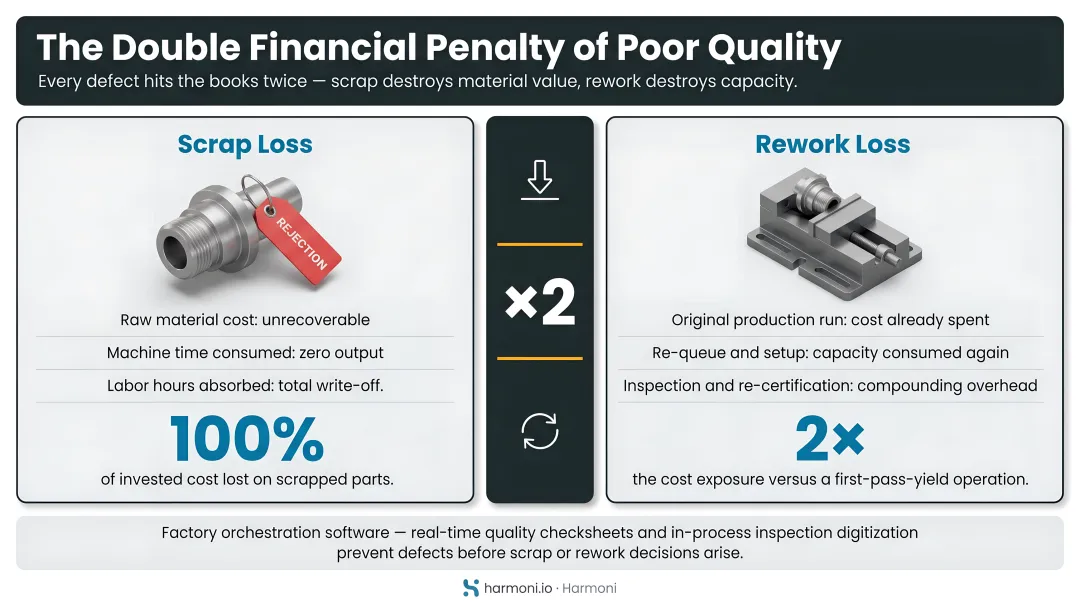 Cost of poor quality double financial penalty scrap and rework manufacturing losses