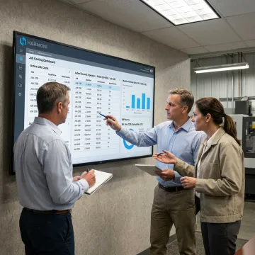 Manufacturing team reviewing job costing dashboard