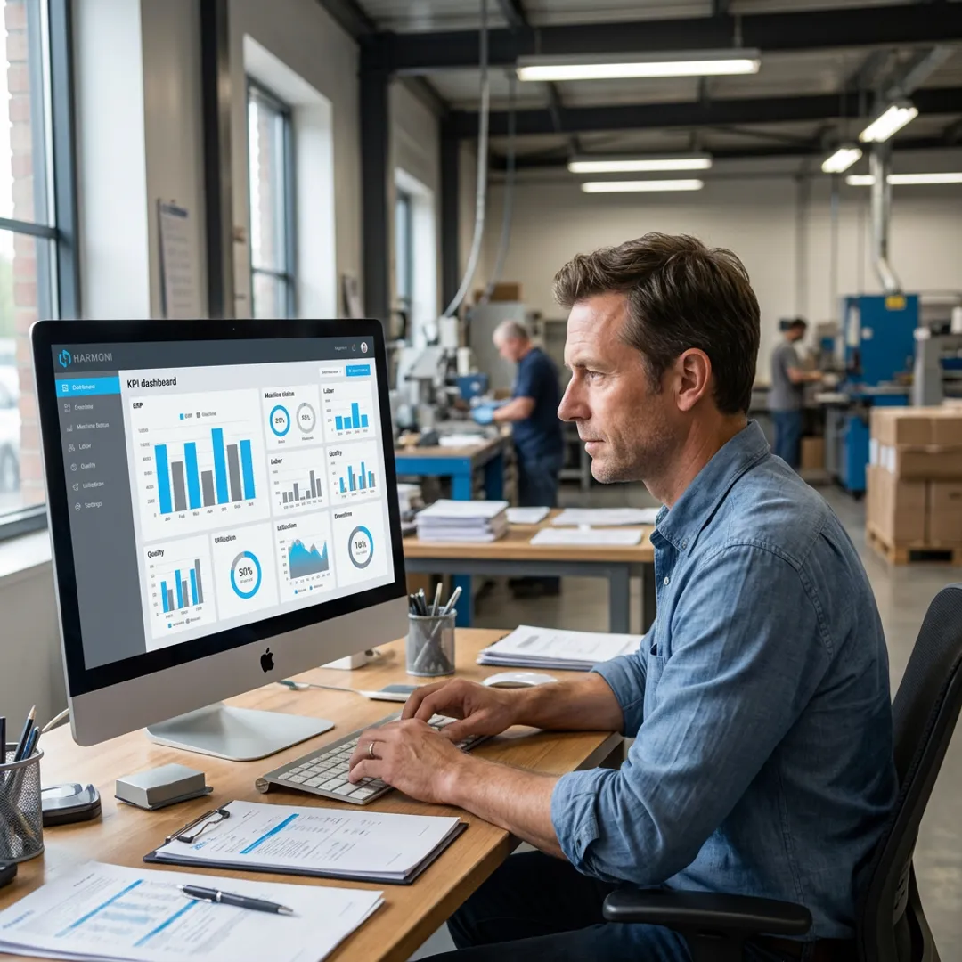 Engineer analyzing unified manufacturing KPI reports