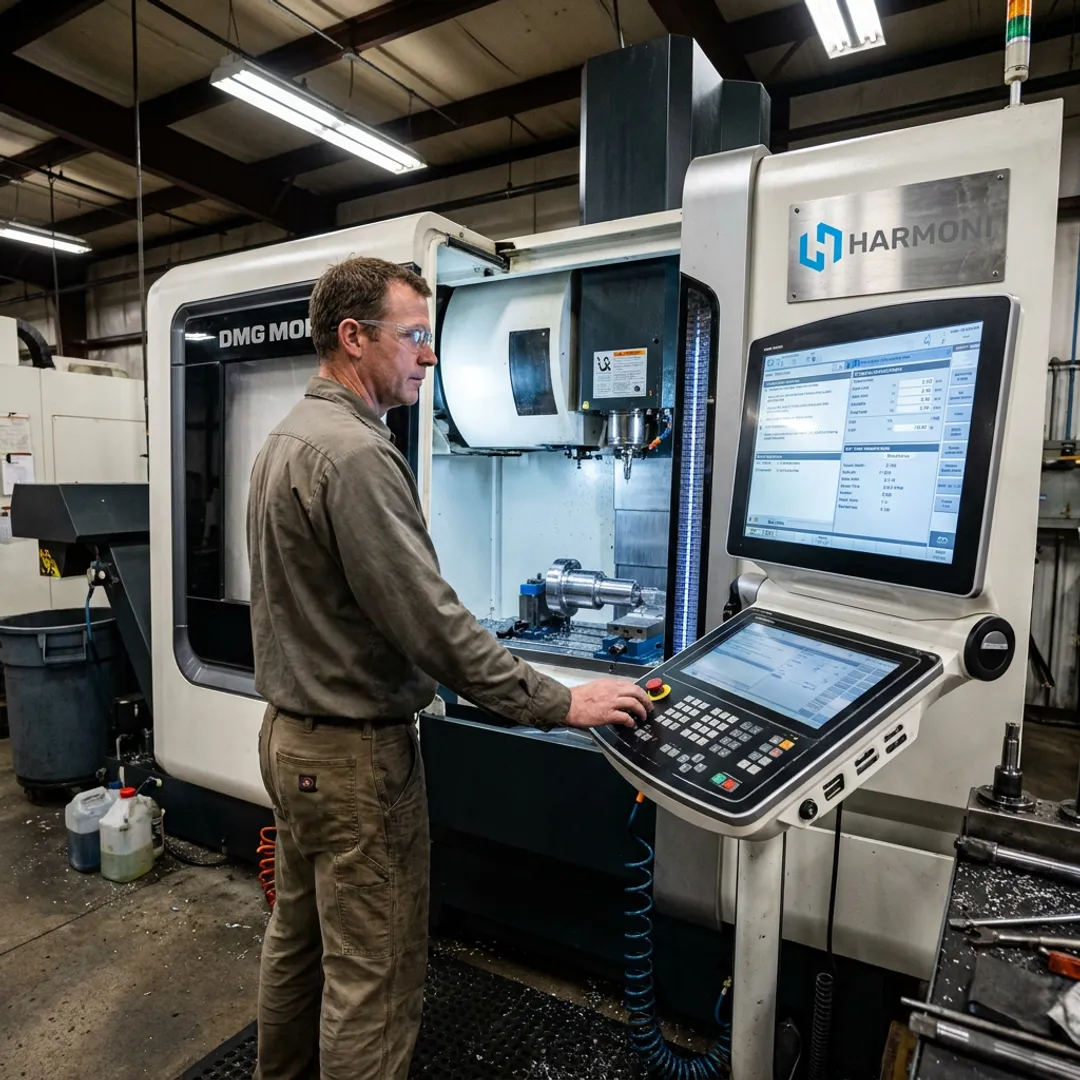 Operator using Harmoni at a CNC workcenter