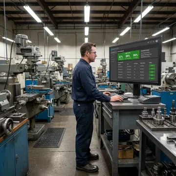 Engineer reviewing machine and OEE data