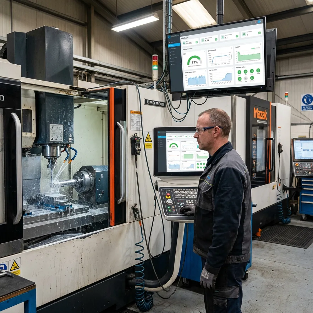 Manufacturing engineer monitoring connected CNC machines