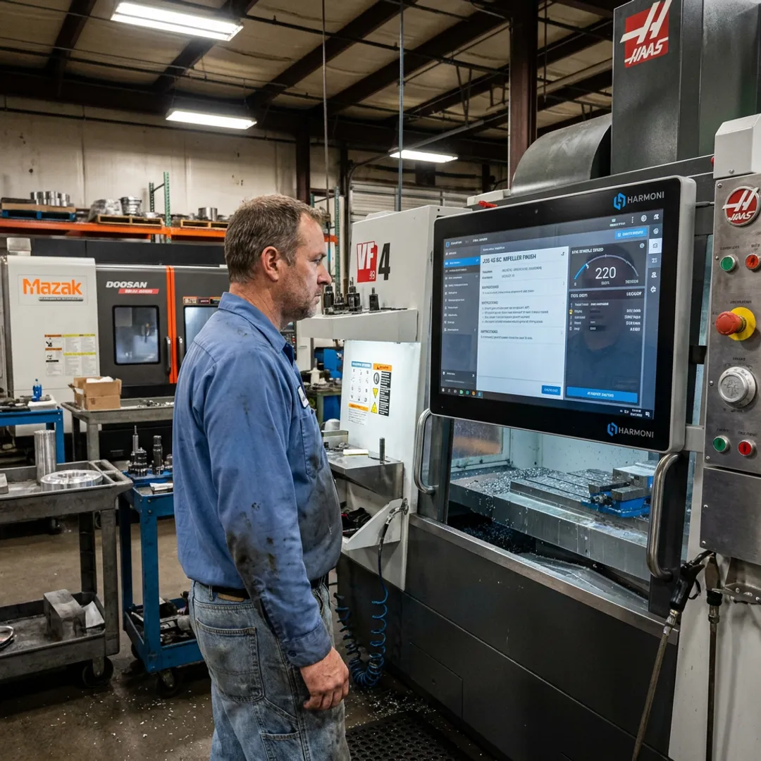 Operator using Harmoni at a CNC workcenter
