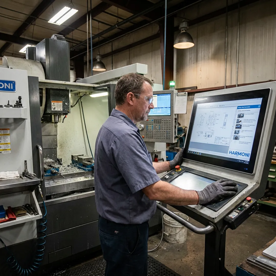Operator viewing digital work instructions at a CNC machine