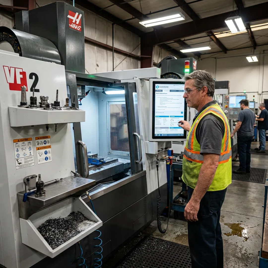 Operator using digital instructions beside CNC machine