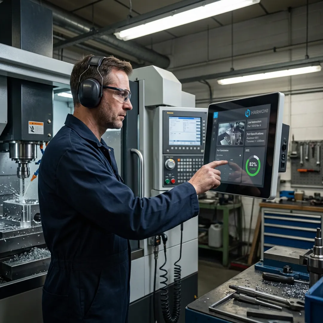 Operator using digital instructions at a CNC workcenter