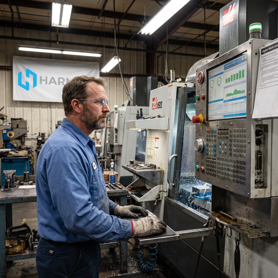 Operator reviewing connected CNC data