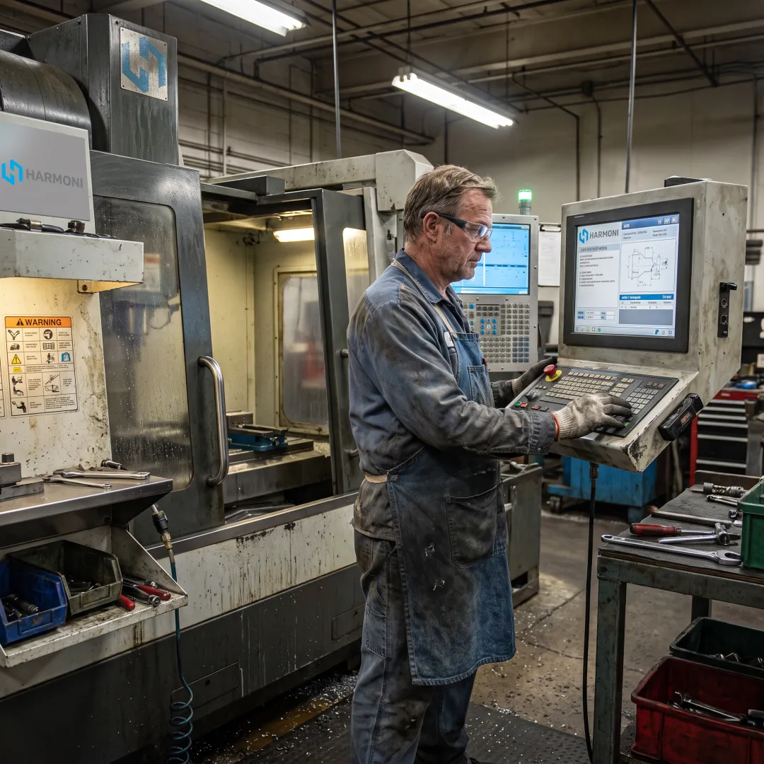 Operator using digital job data at CNC machine