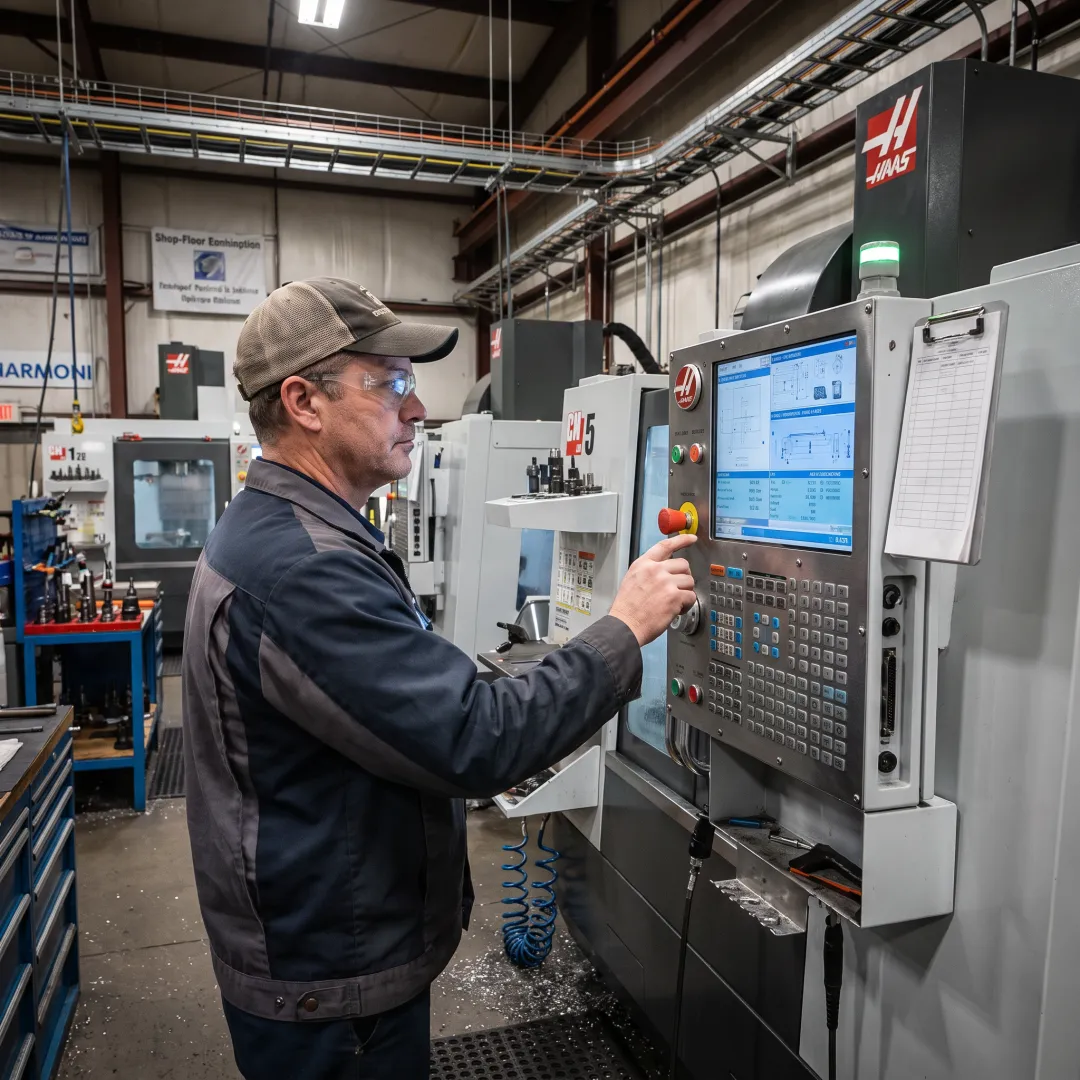 Operator using digital instructions at CNC machine