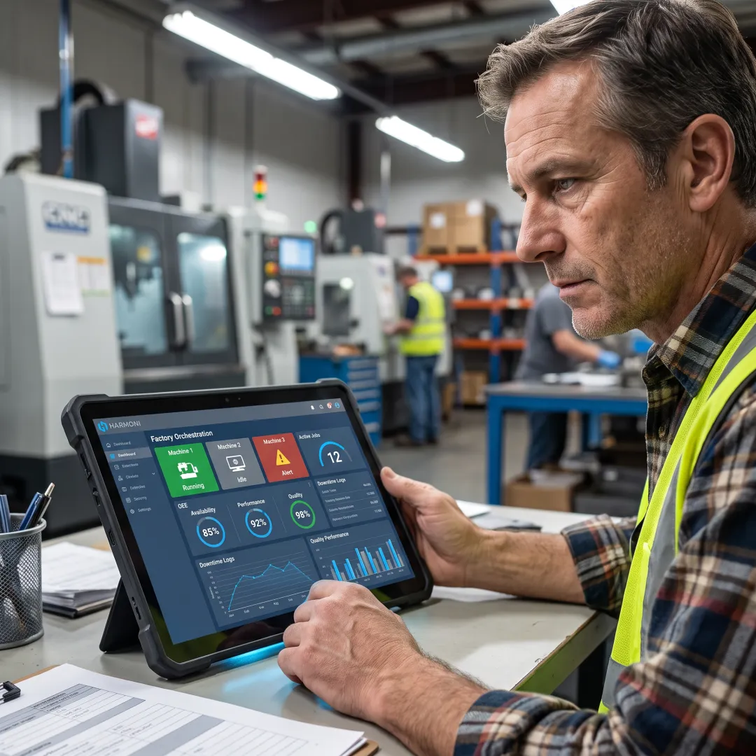 Production manager reviewing CNC shop dashboard