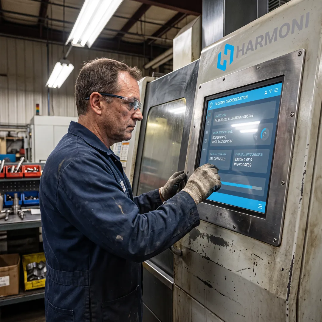 Operator using connected scheduling interface at CNC machine