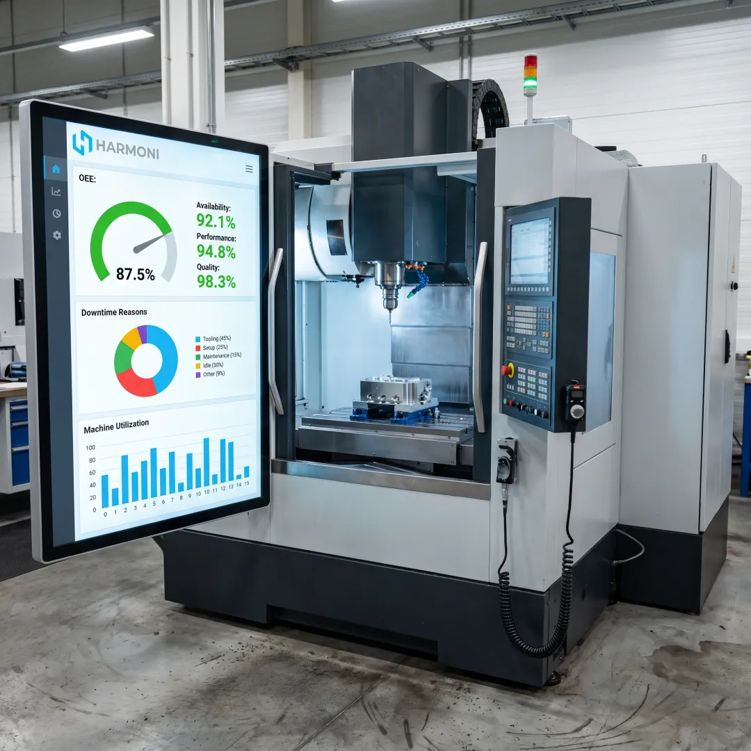 Live OEE metrics displayed beside CNC machines