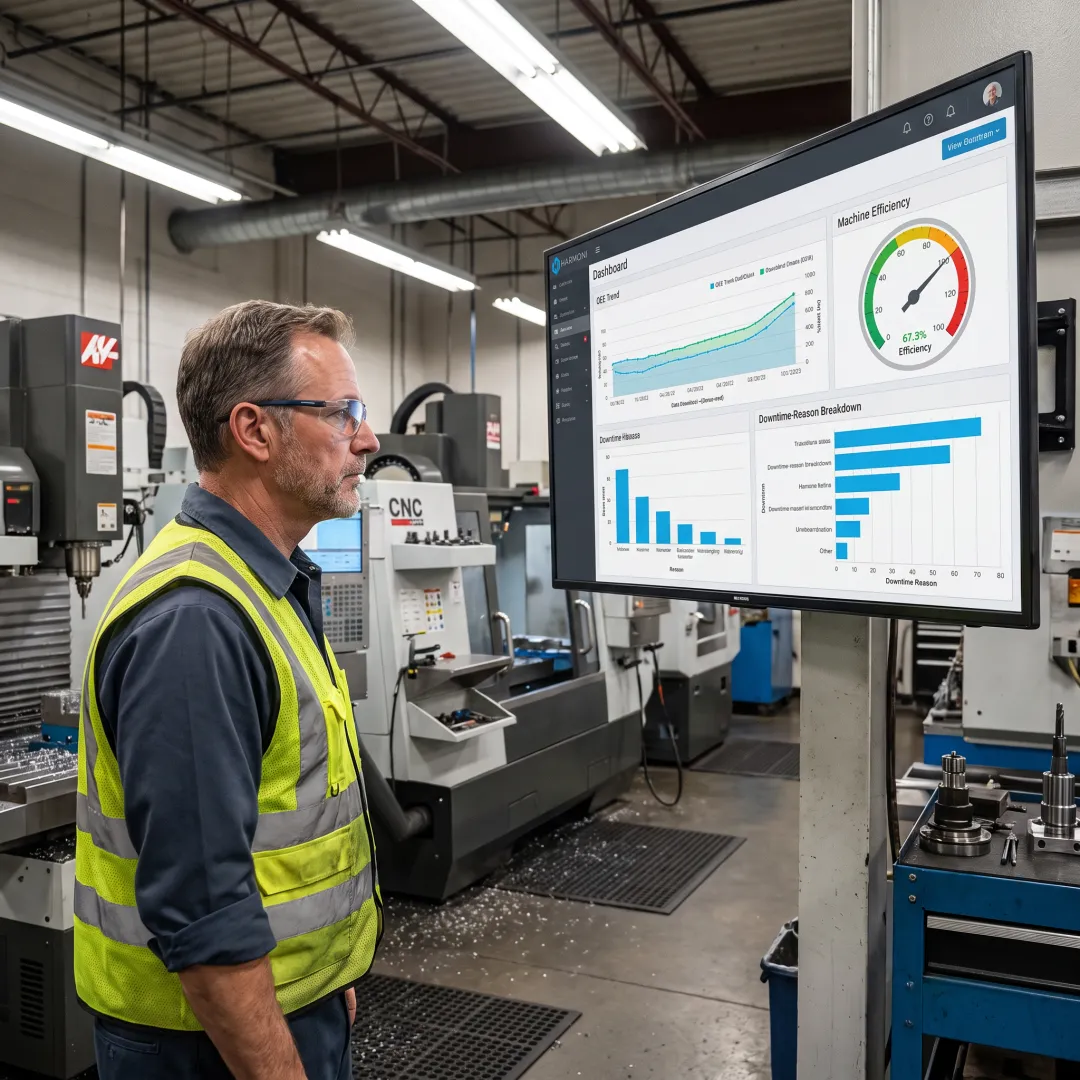 Manufacturing manager reviewing live machine downtime analytics